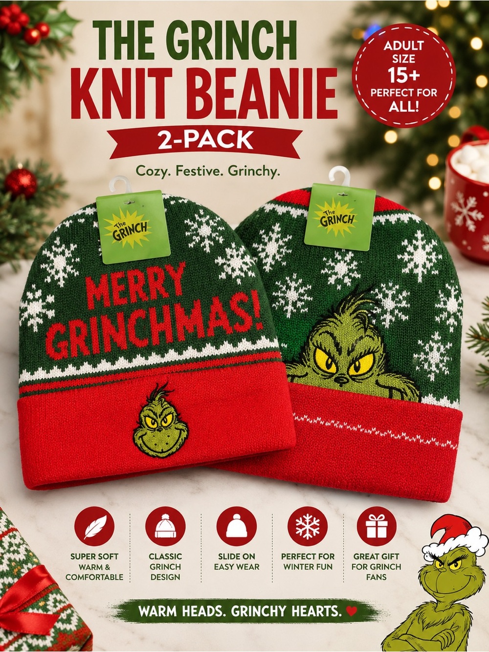 The Grinch Knit Beanie 2-Pack - Adult - Green & Red